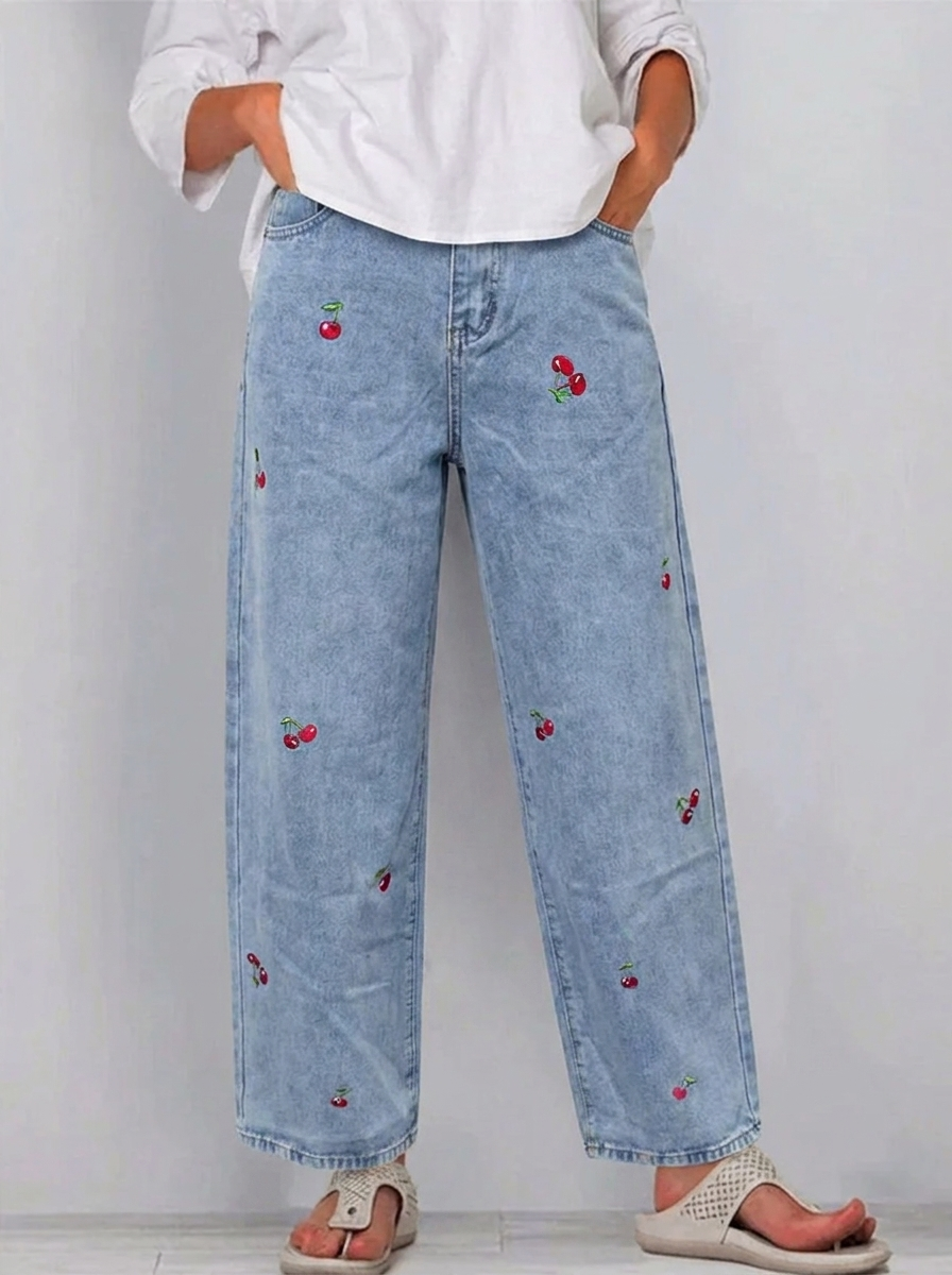 Women's Wide Leg Jeans with Cherry Embroidery