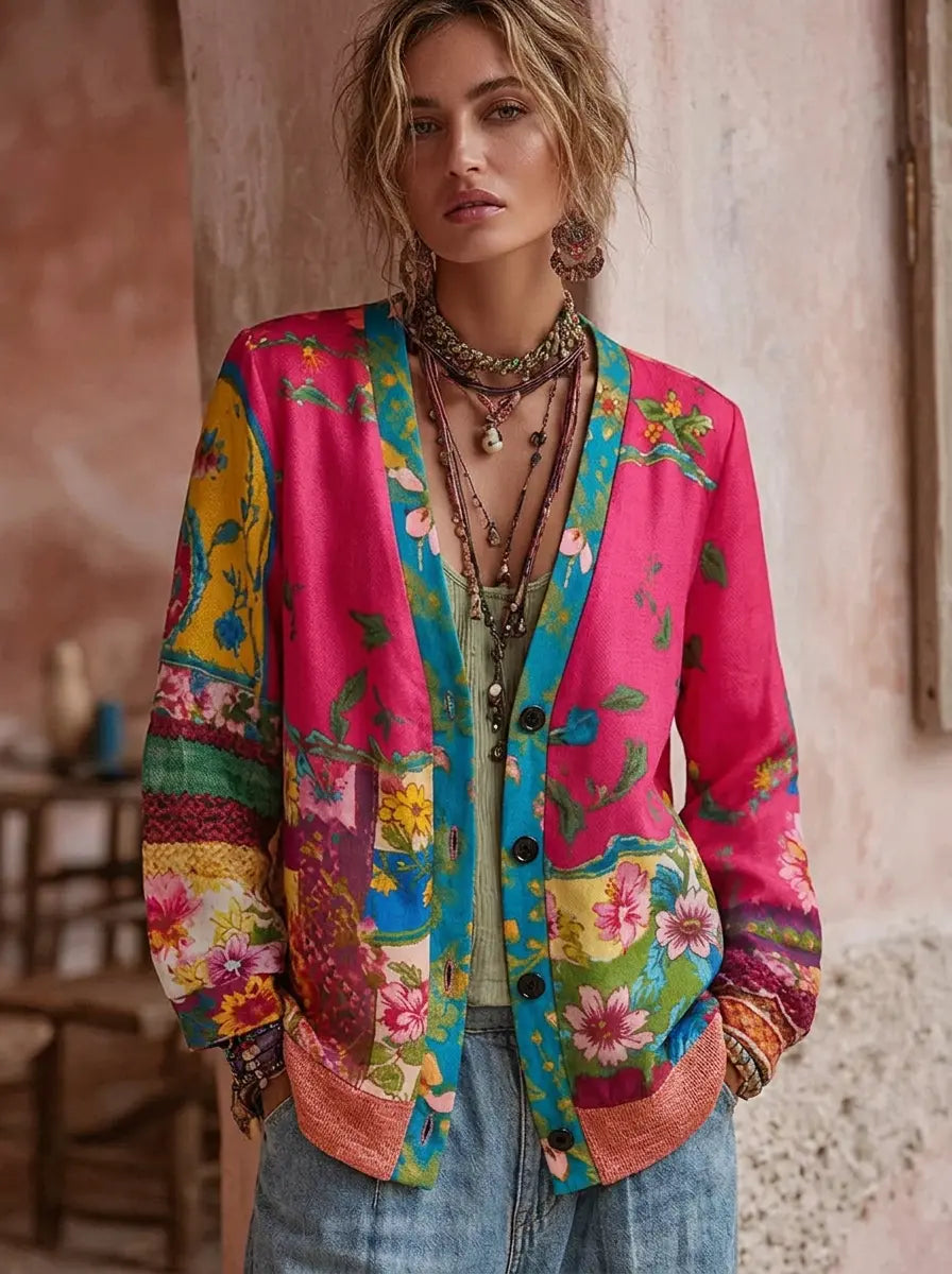 Women's Vintage Cardigan with Floral Embroidery