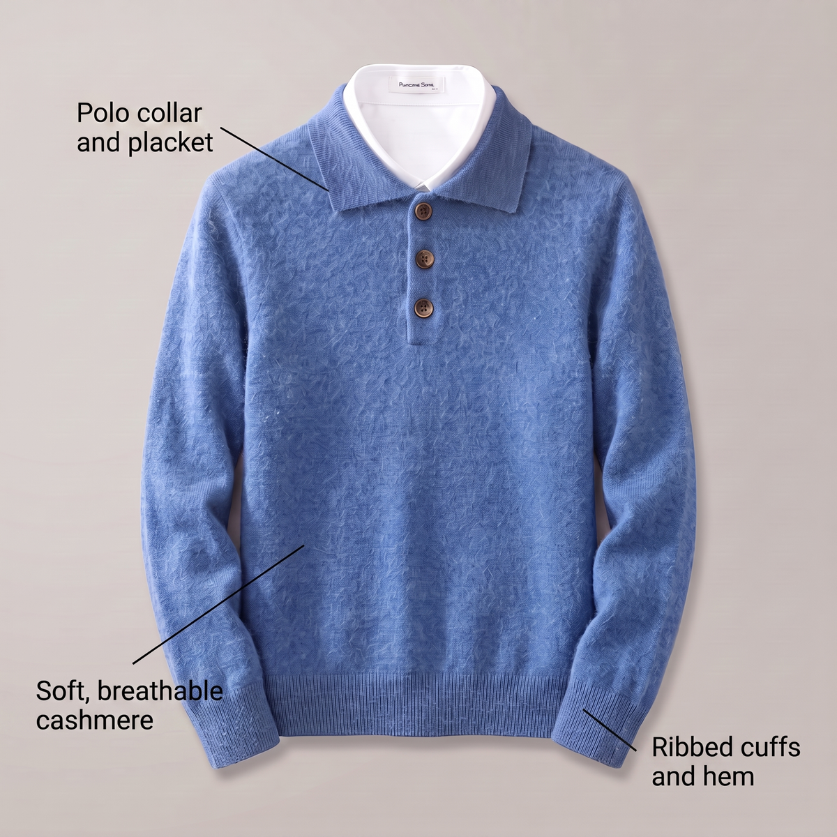 Men's Soft Knit Polo Sweater with Ribbed Cuffs