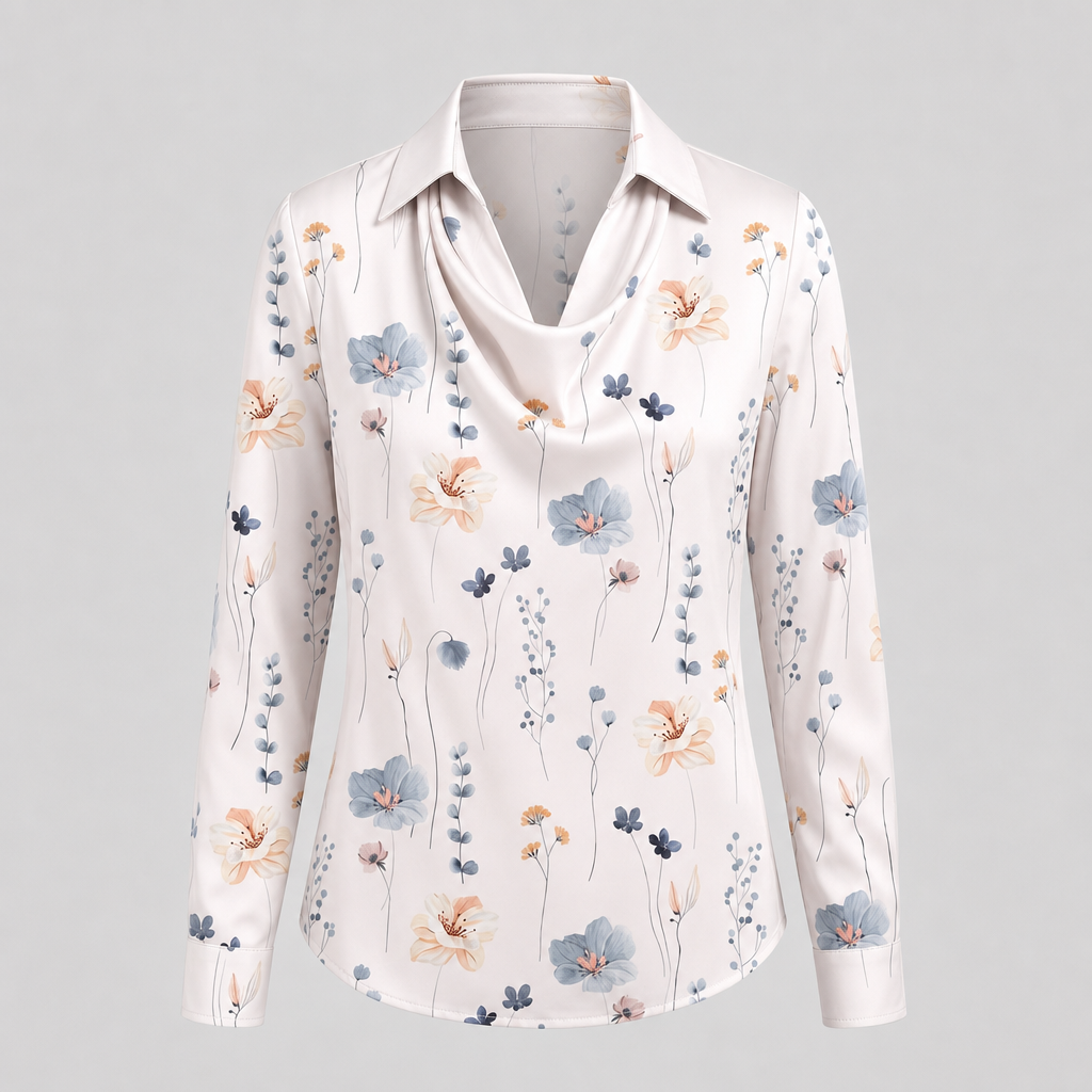 Women's Elegant Floral Print Satin Cowl Neck Blouse