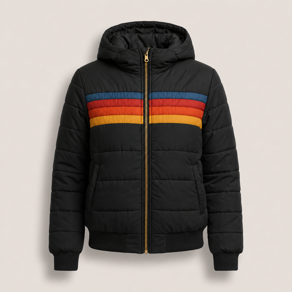 Women's Retro Warm Puffer Jacket with Striped Detail