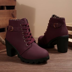 Women's Lace-Up Metal Buckle Chunky Ankle Boots