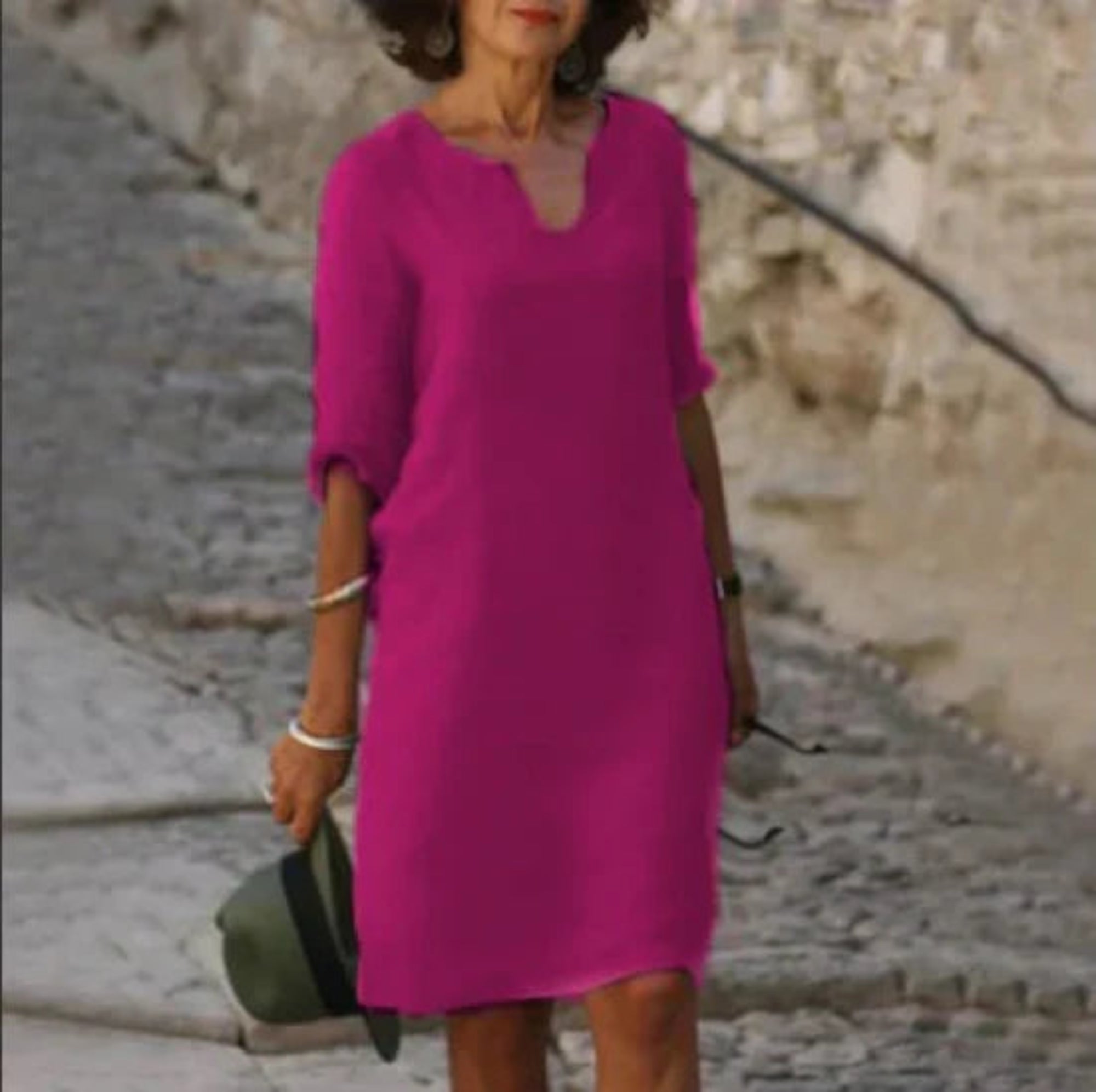 Women’s Relaxed V Neck Shift Dress with Three Quarter Sleeves