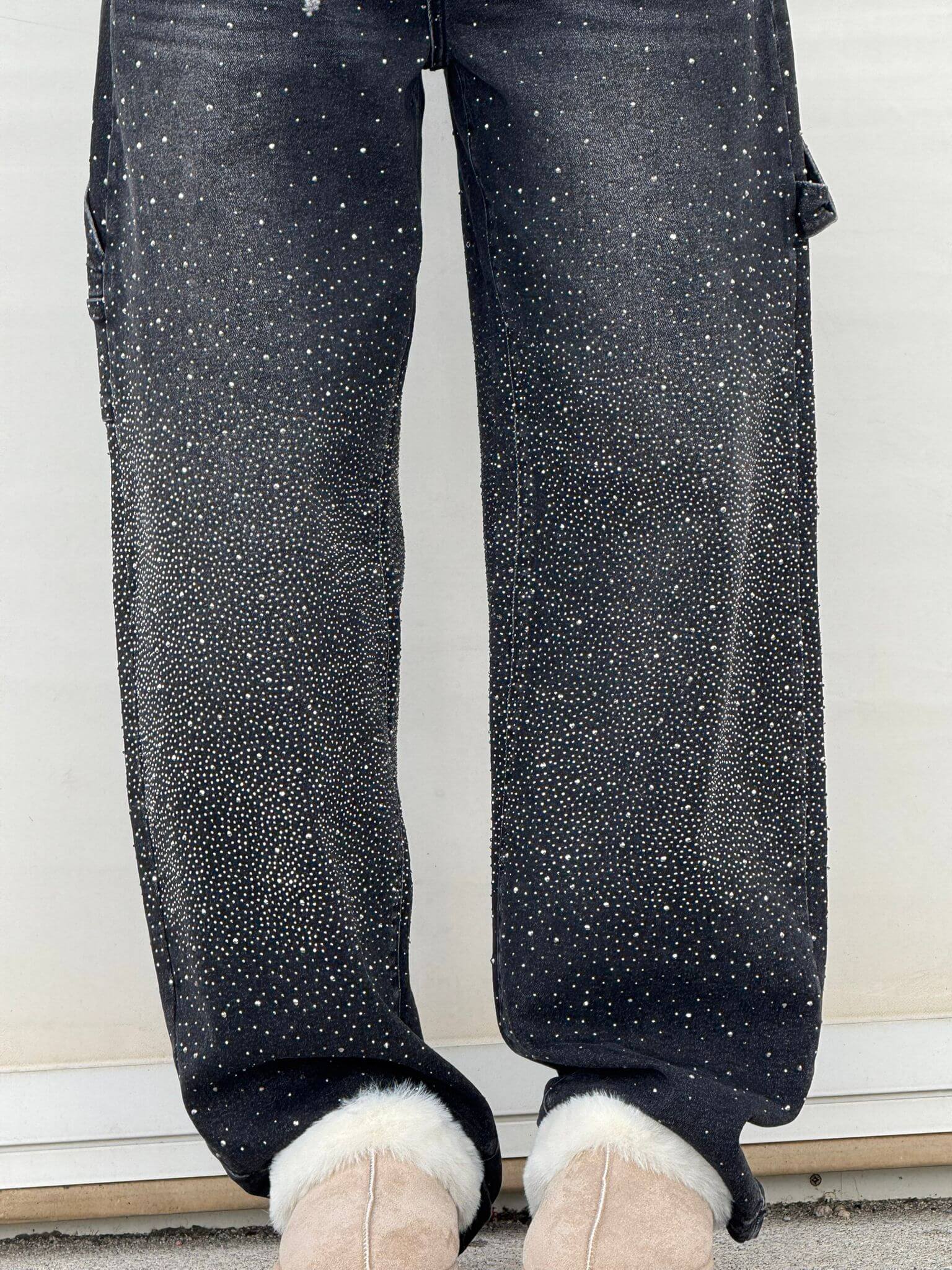 Women's Wide-Leg Cargo Jeans with Rhinestone Detail