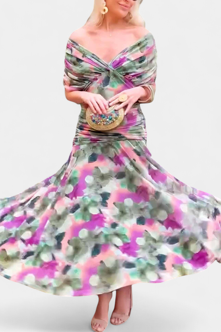 Women's Off-Shoulder Ruched Floral Midi Dress