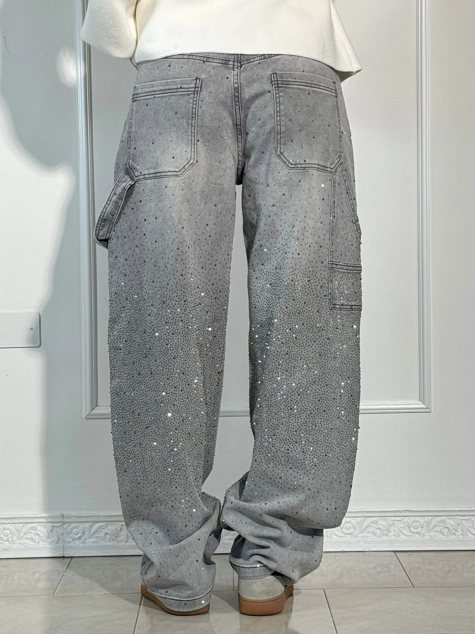 Women's Wide-Leg Cargo Jeans with Rhinestone Detail