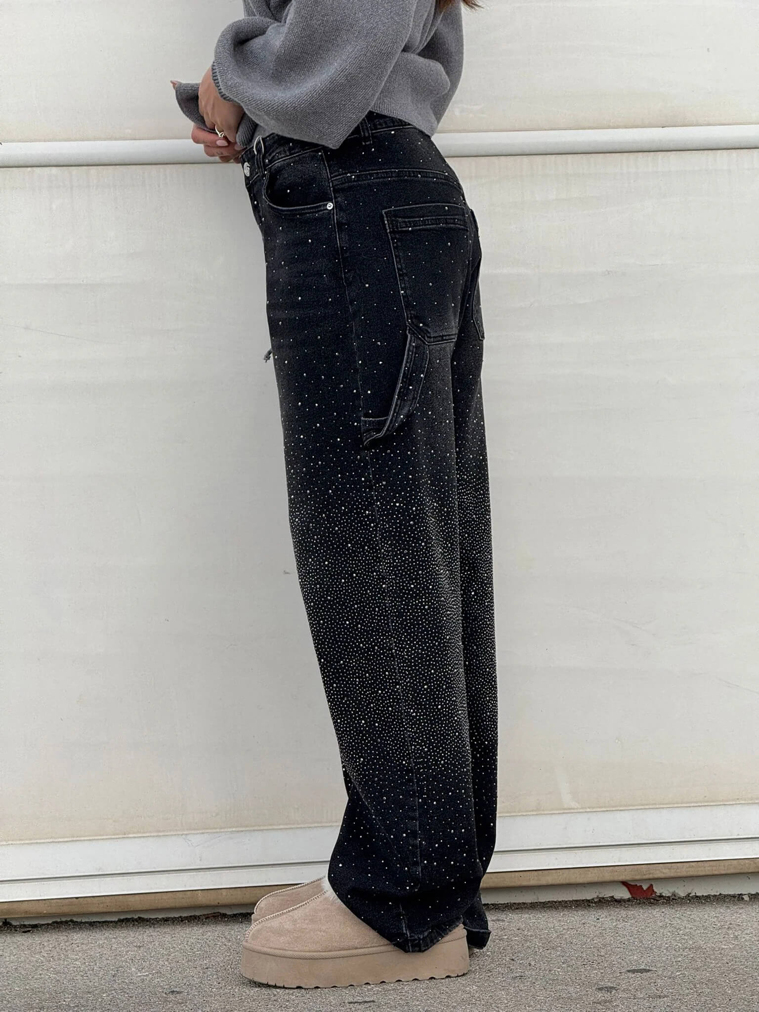 Women's Wide-Leg Cargo Jeans with Rhinestone Detail