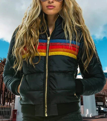 Women's Retro Rainbow Stripe Puffer Jacket