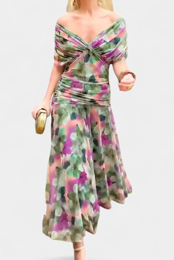 Women's Off-Shoulder Chiffon Ruched Maxi Dress
