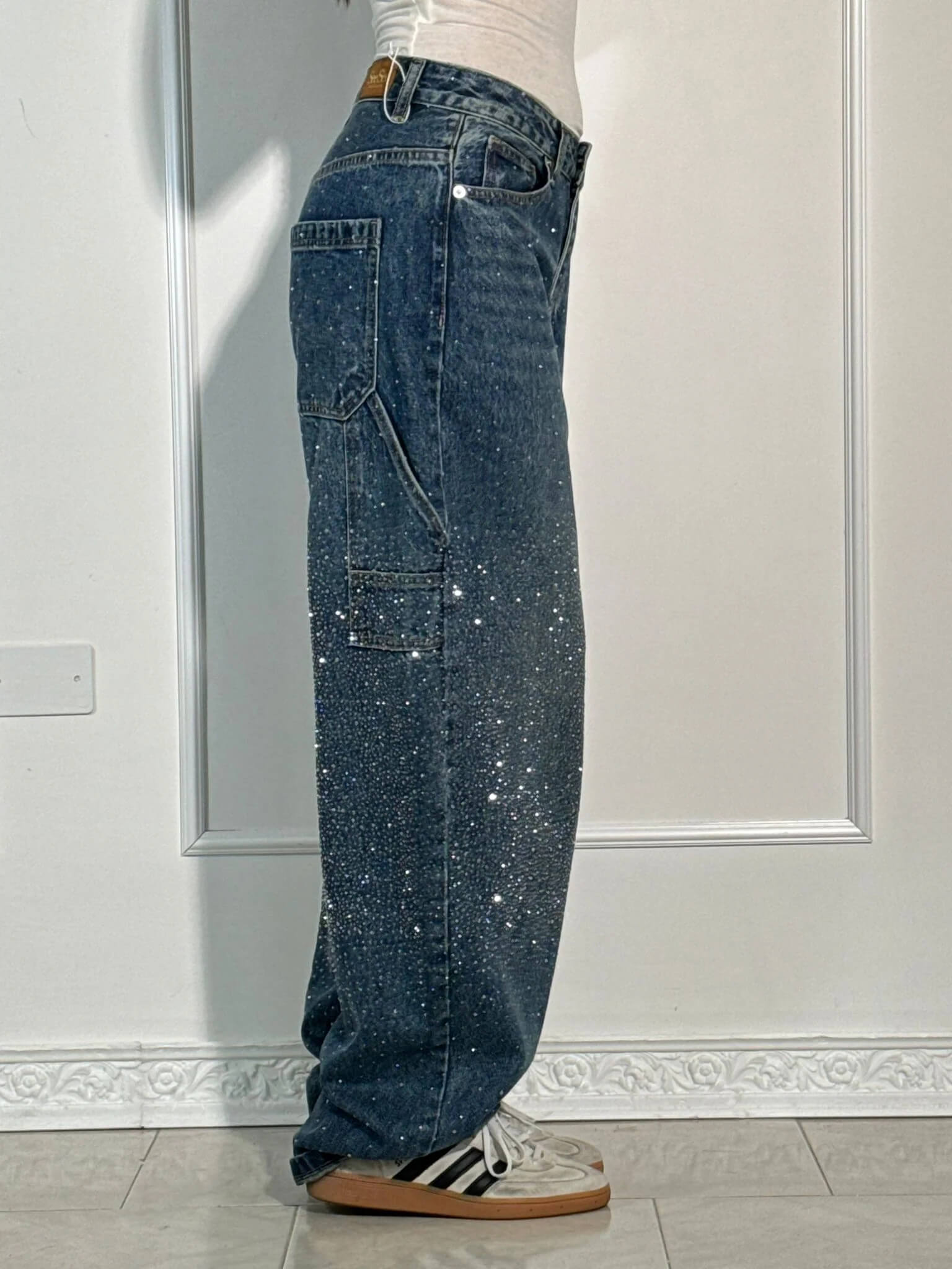 Women's Wide-Leg Cargo Jeans with Rhinestone Detail