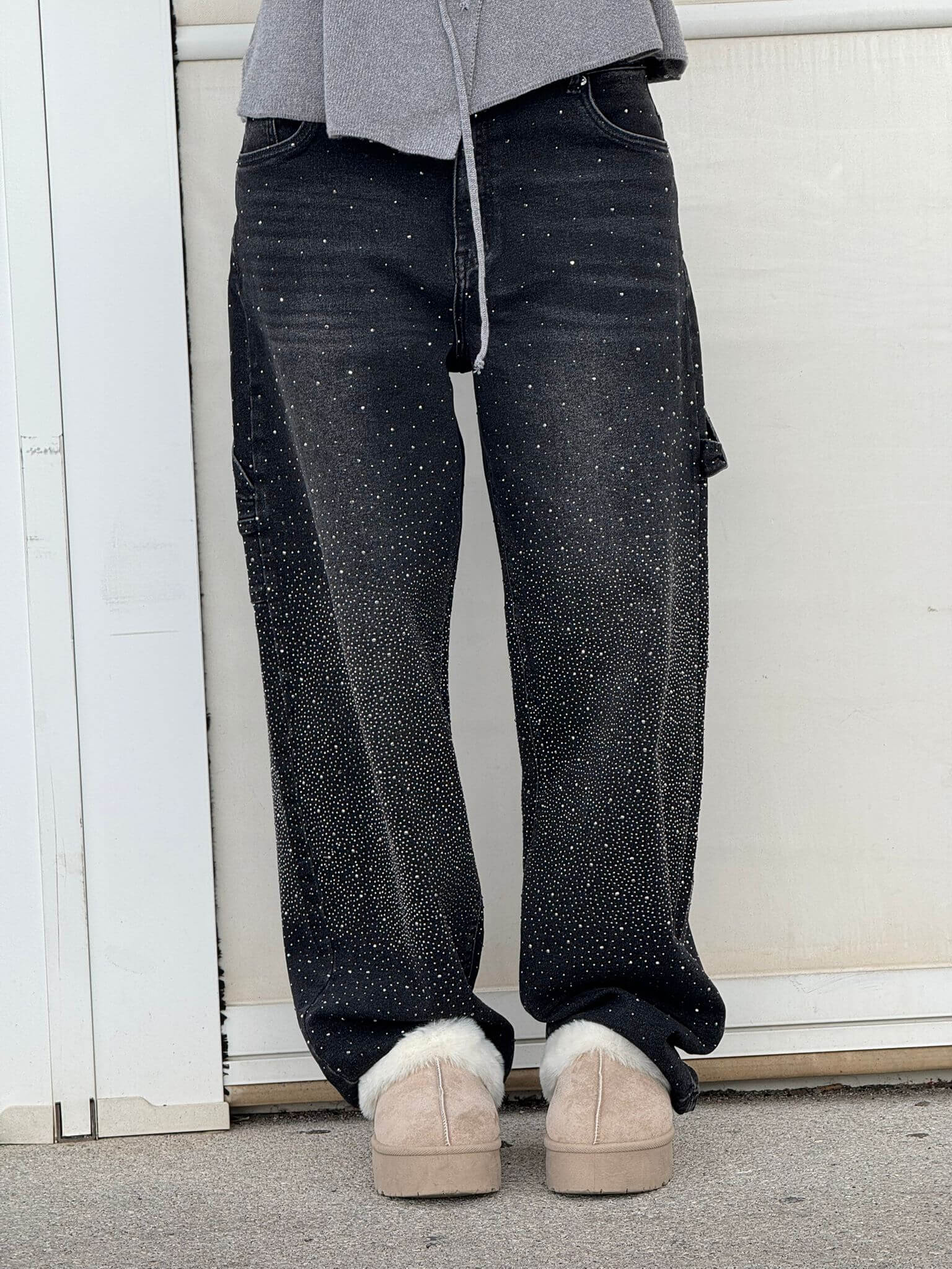 Women's Wide-Leg Cargo Jeans with Rhinestone Detail