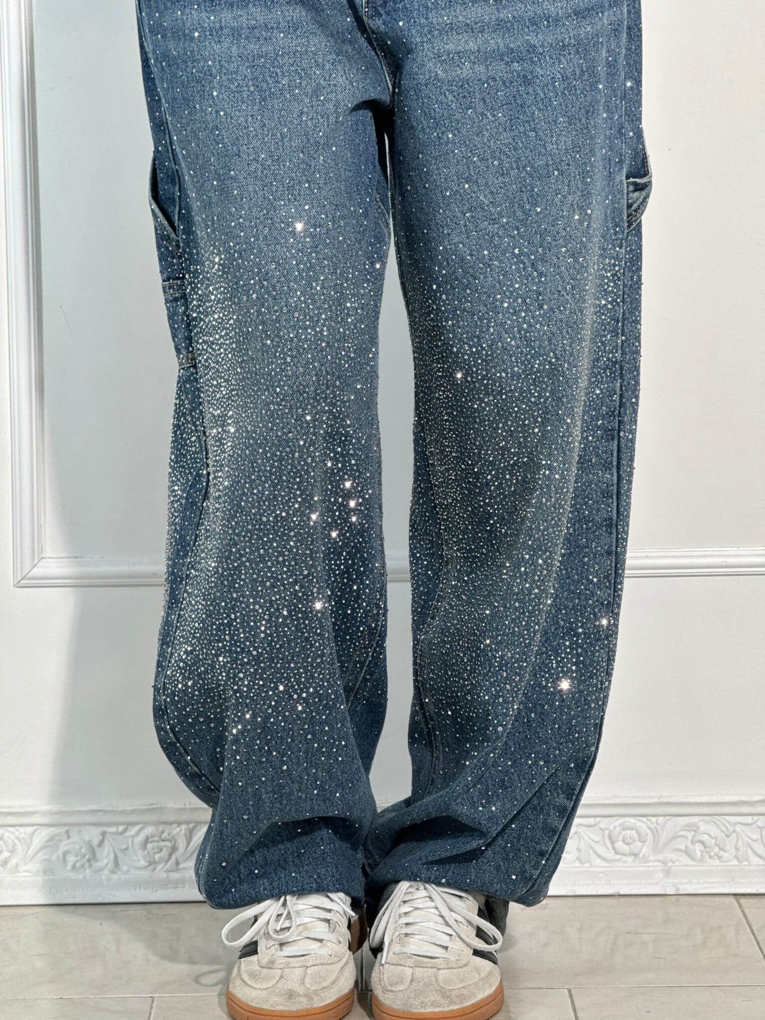 Women's Wide-Leg Cargo Jeans with Rhinestone Detail