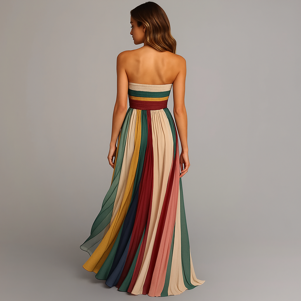 Strapless Pleated Maxi Dress Women Colorblock Flowing