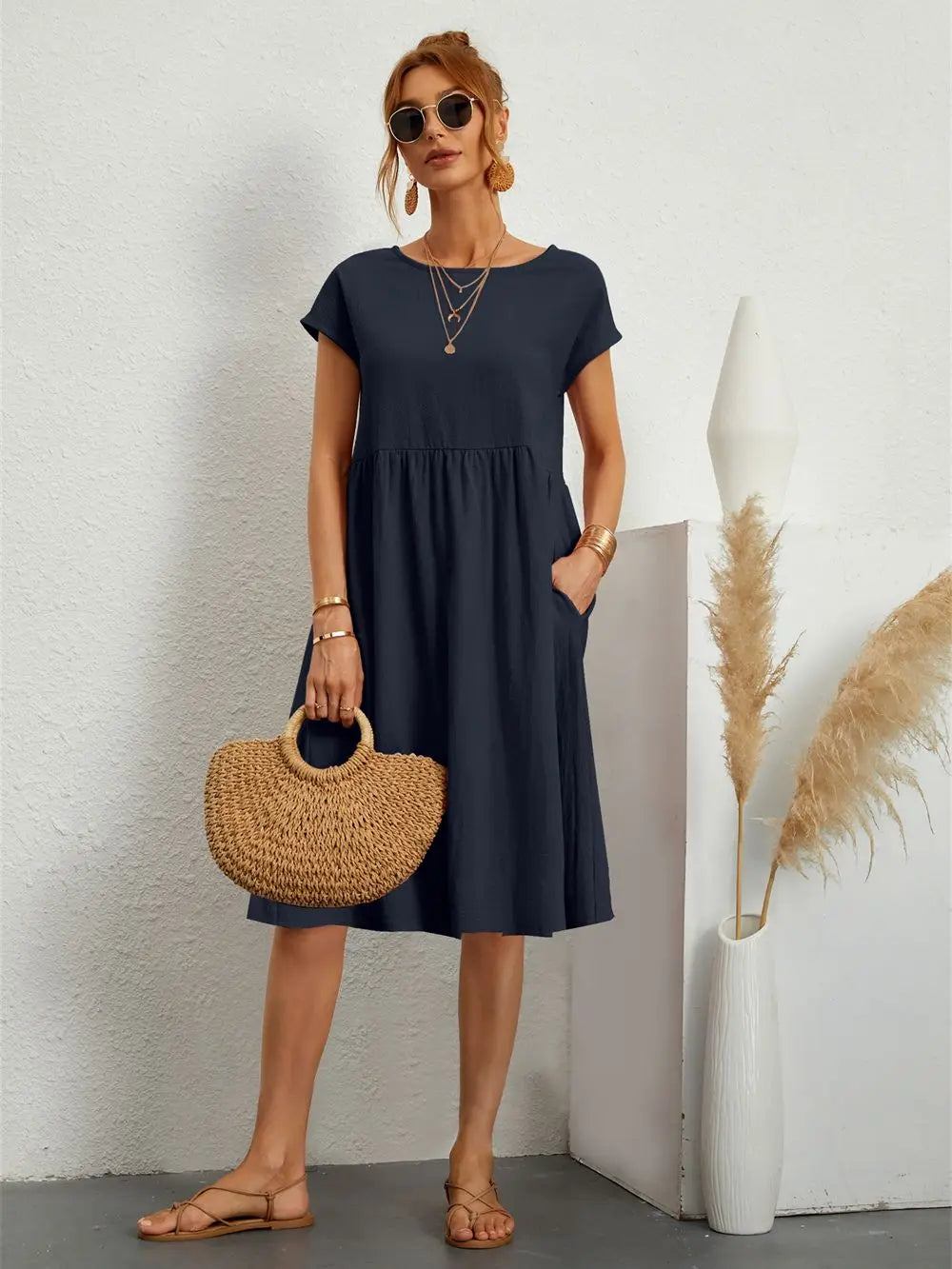 Women's Short Sleeves Midi Dress with Pockets