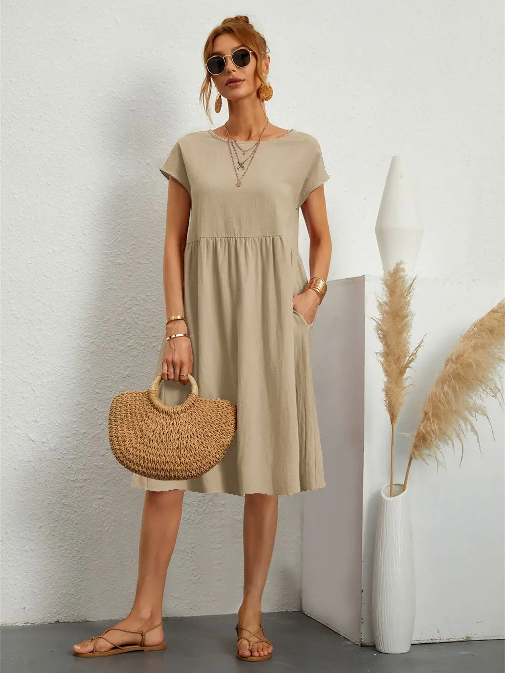 Women's Short Sleeves Midi Dress with Pockets