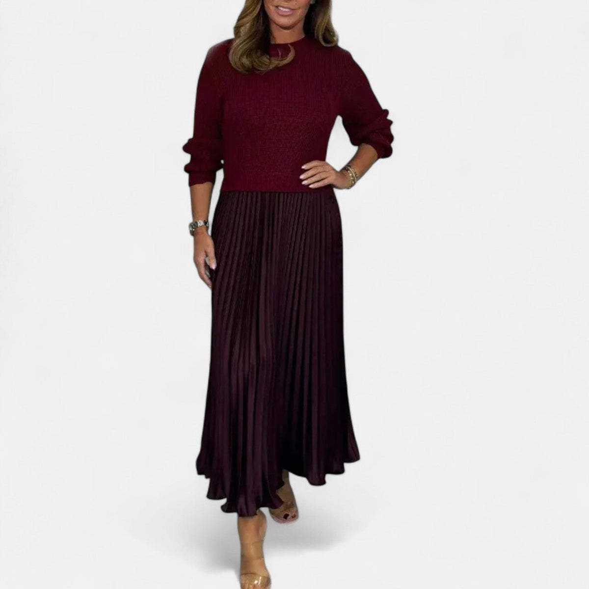 Women’s Long-Sleeve Pleated Knit Maxi Dress