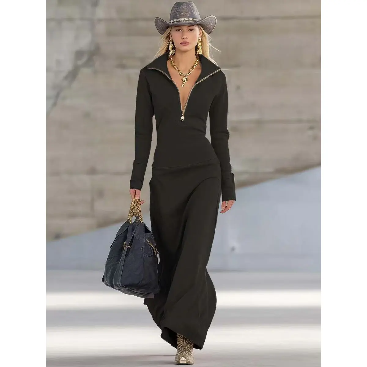 Women's Black Maxi Dress with Zip Turtleneck