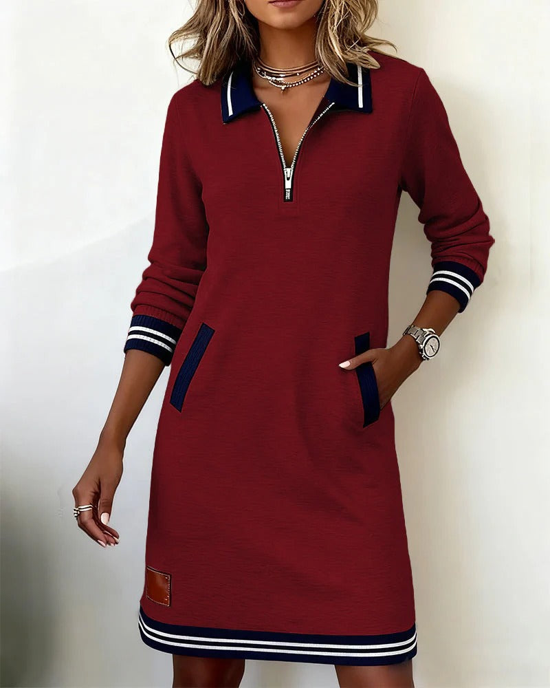 Women's Half Zip Polo Sweatshirt Dress with Pockets