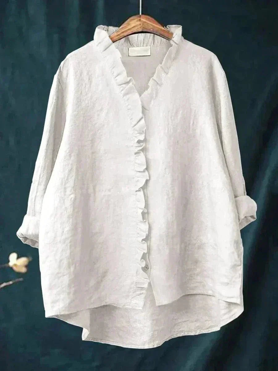 Women's Ruffle Trim V-Neck Blouse with Relaxed Silhouette