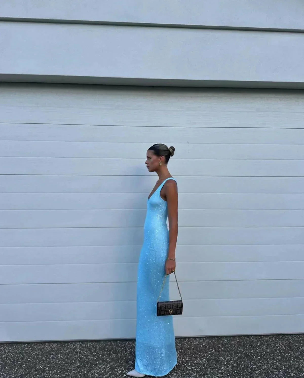 Irina - Women’s sleeveless fitted maxi dress in icy blue