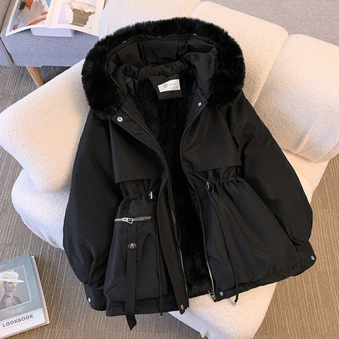 Women's Belted Puffer Winter Coat with Fur Collar