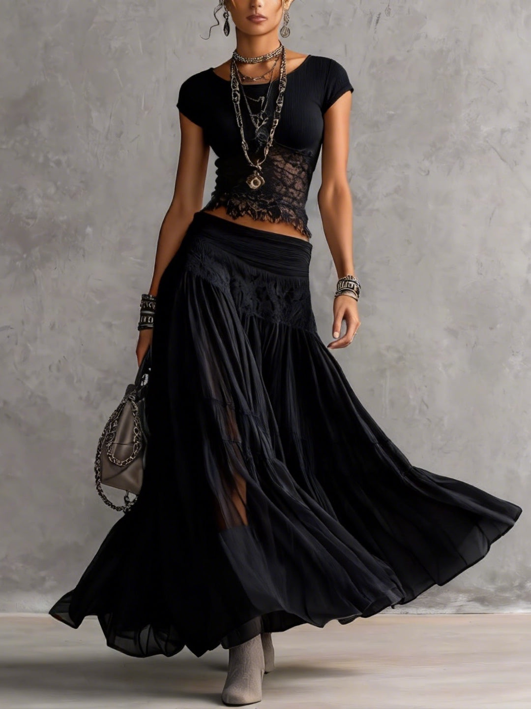 Women's Black Lace Chiffon Pleated Maxi Skirt Set