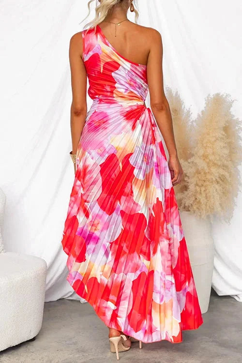 Jiya - Women’s flowy red floral one-shoulder maxi dress