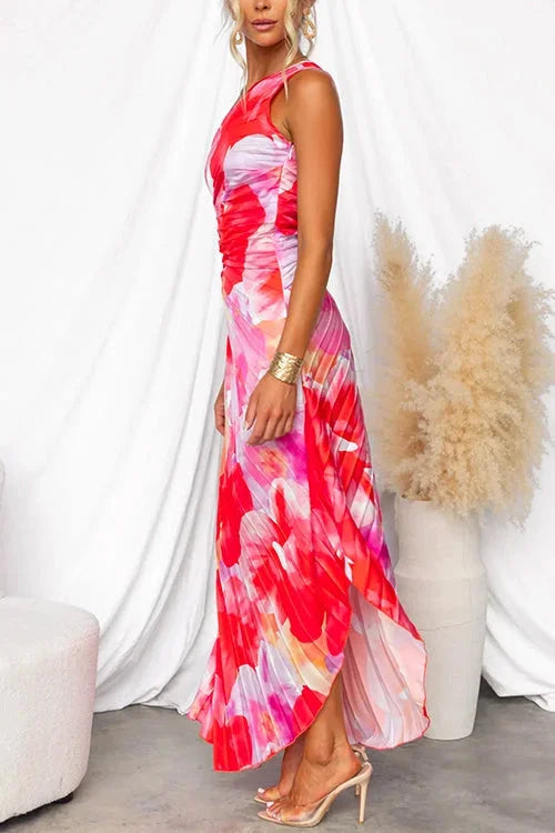 Jiya - Women’s flowy red floral one-shoulder maxi dress