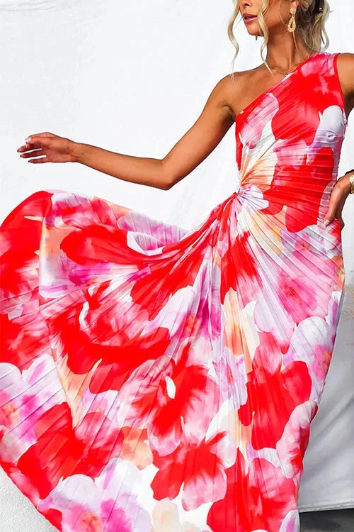 Jiya - Women’s flowy red floral one-shoulder maxi dress