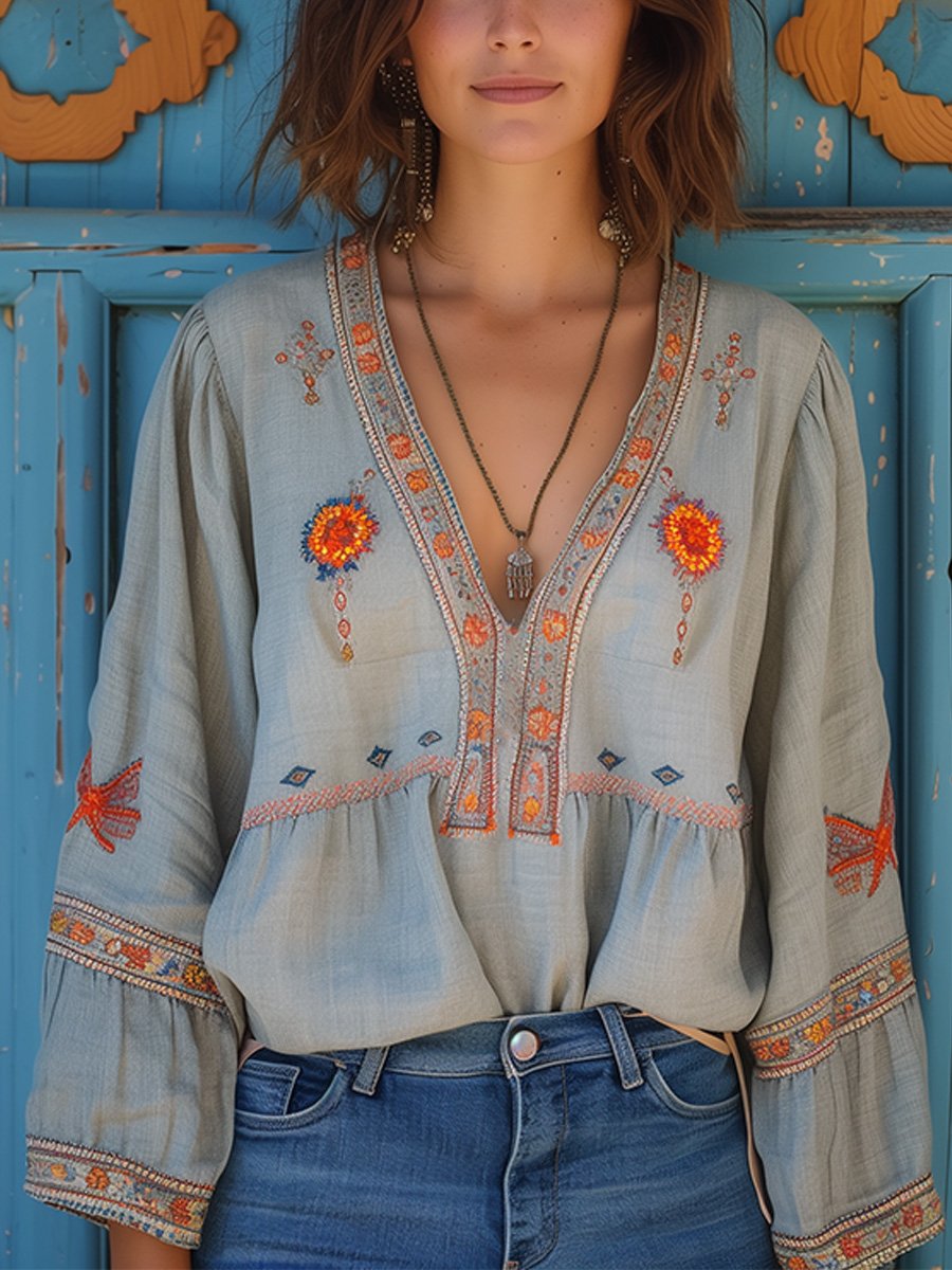 Women's Bohemian Embroidered V-Neck Blouse