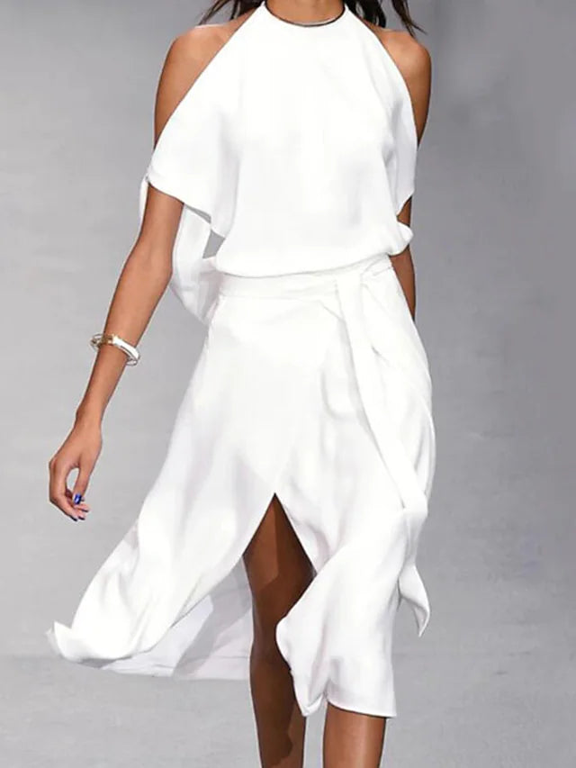 Women’s Halter Neck Midi Dress with Flowing Overlay