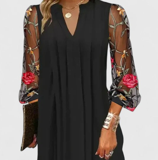 Women's V-Neck Mini Dress with Sheer Sleeves