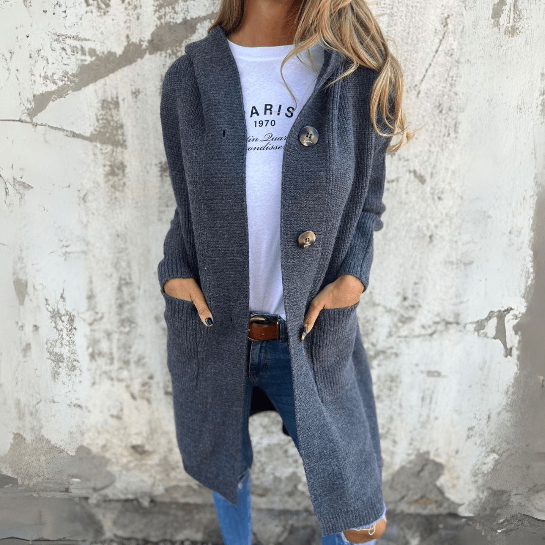 Women's Long Button Cardigan with Stand Collar