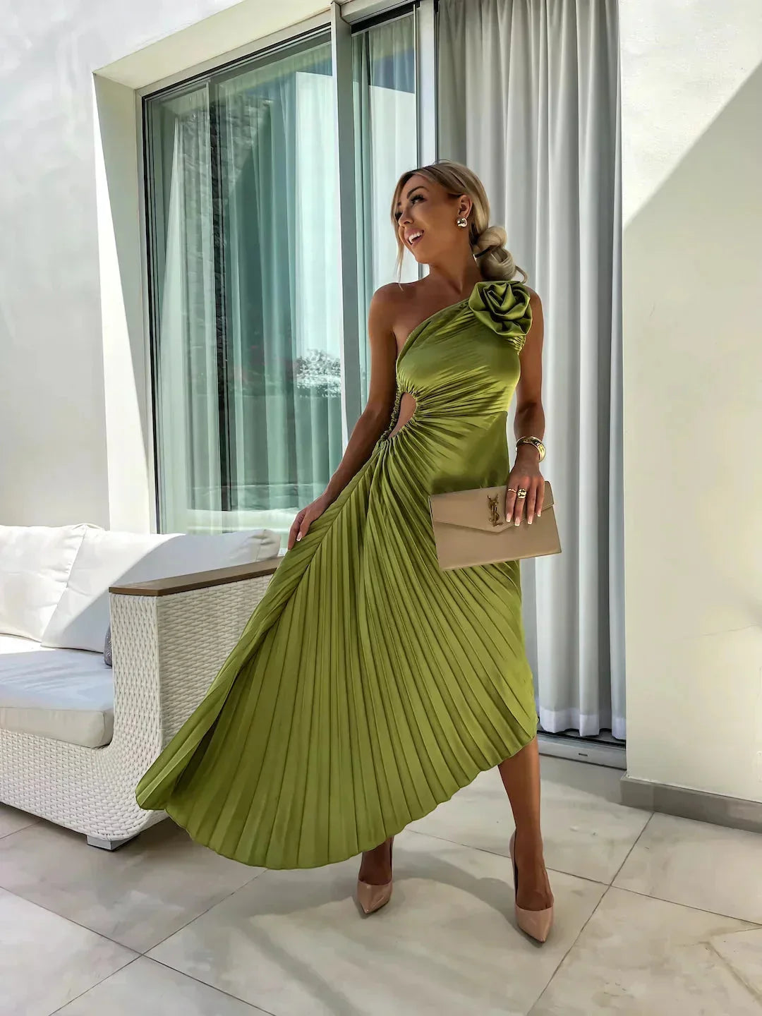 Marlowe - Women’s one-shoulder pleated midi dress