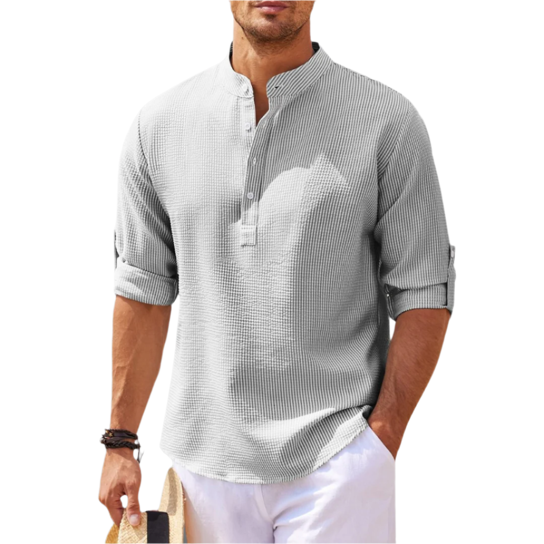 Men’s Band Collar Henley Shirt with Button Placket and Rolled Sleeves