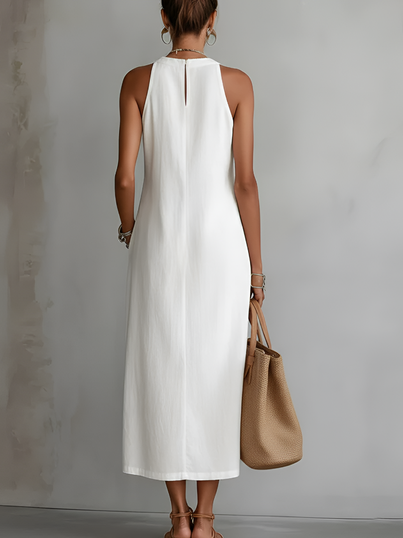 Women’s Minimalist Eyelet Midi Dress with Sleeveless High Neck Design