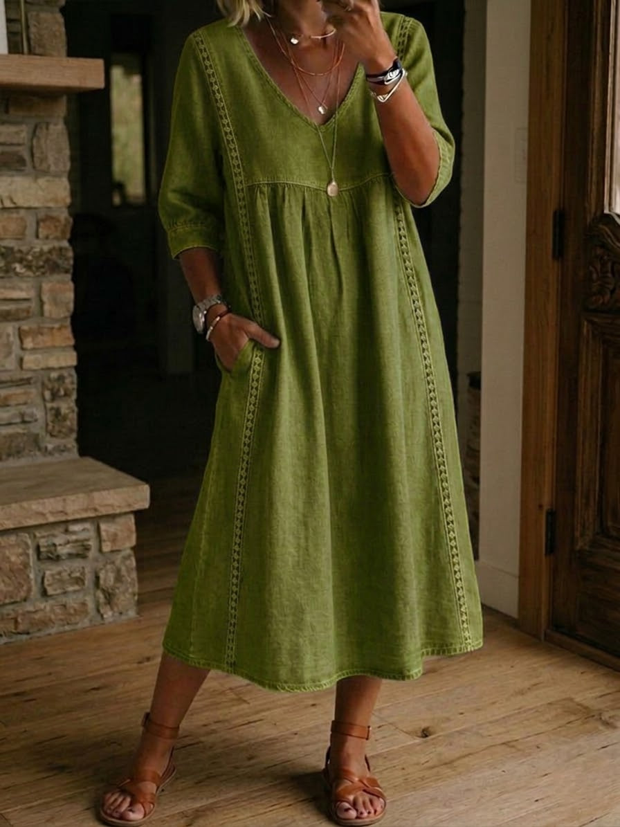 Women's V-Neck Gathered Waist Midi Dress with Eyelet Trim