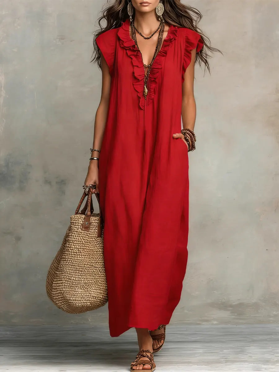Women's Bohemian Ruffle-Trim Sleeveless Maxi Dress
