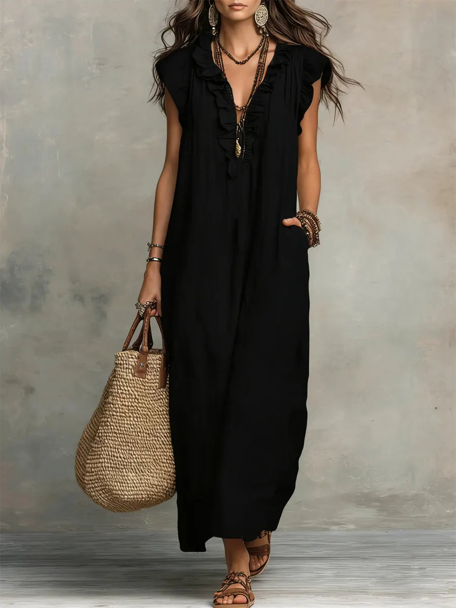 Women's Bohemian Ruffle-Trim Sleeveless Maxi Dress