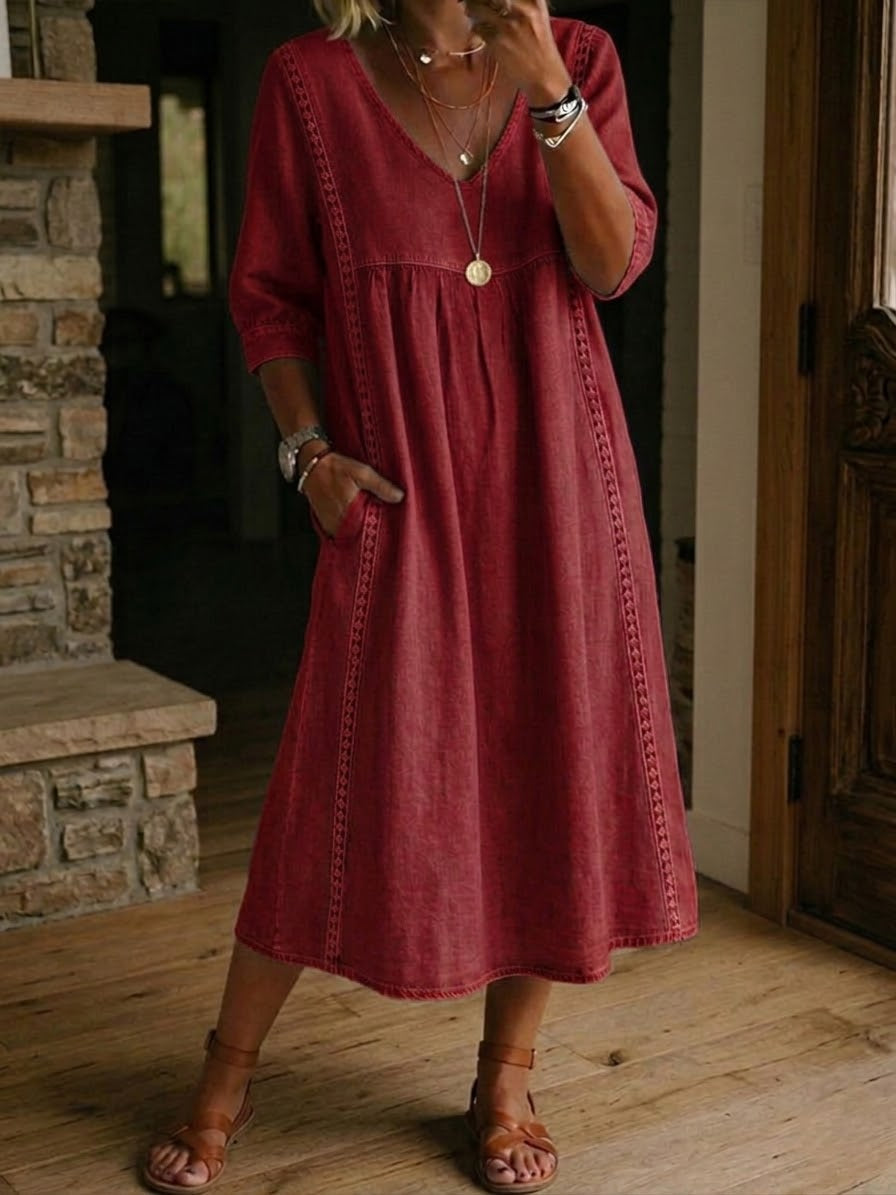 Women's V-Neck Gathered Waist Midi Dress with Eyelet Trim