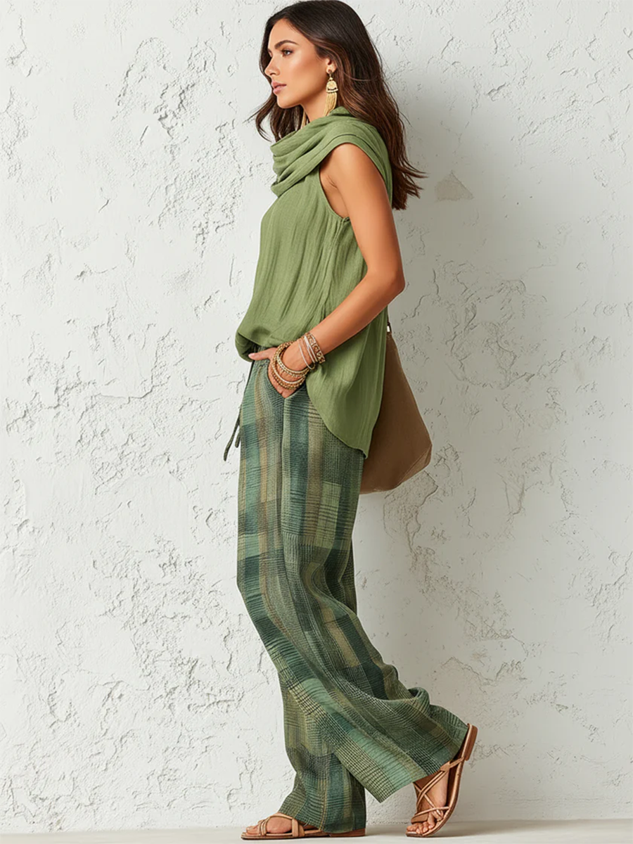 Women's Cowl Neck Sleeveless Top & Plaid Trouser Co-Ord Set