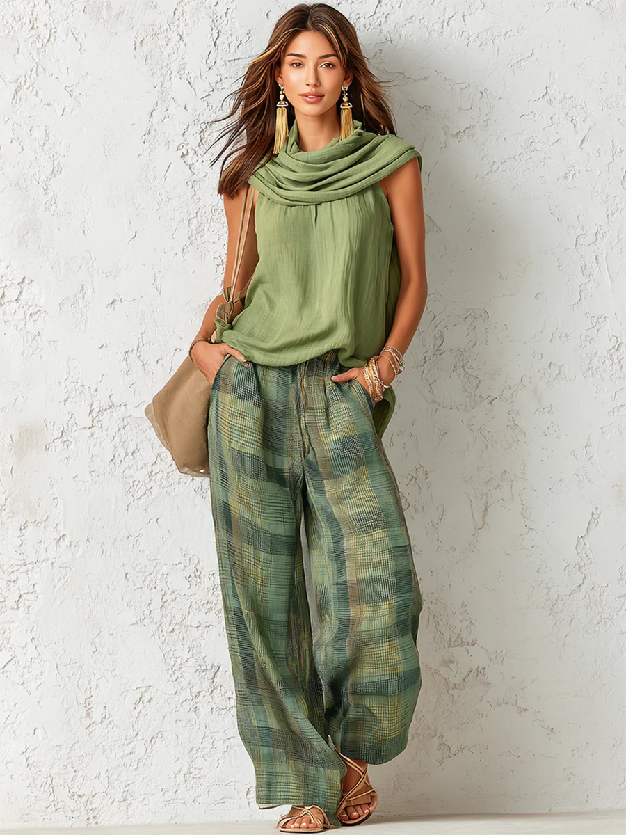 Women's Cowl Neck Sleeveless Top & Plaid Trouser Co-Ord Set