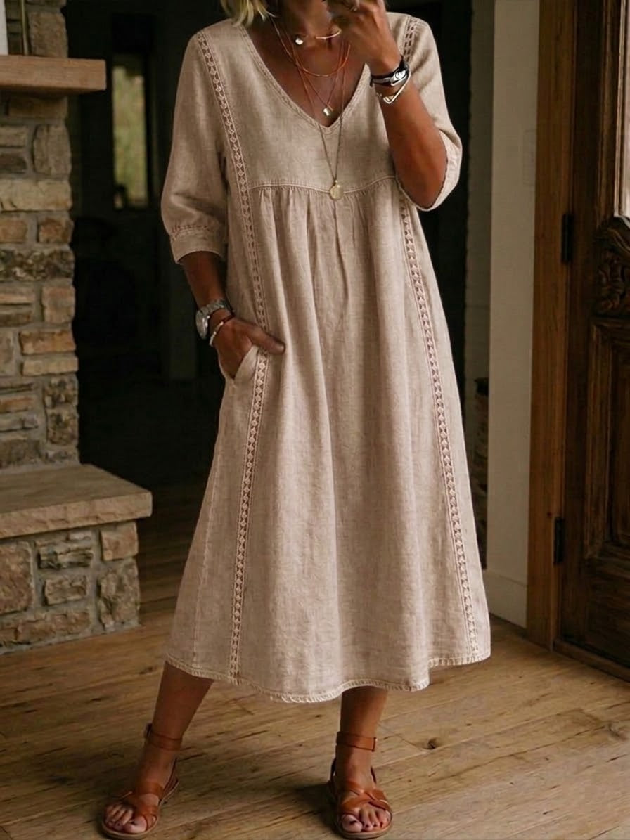 Women's V-Neck Gathered Waist Midi Dress with Eyelet Trim