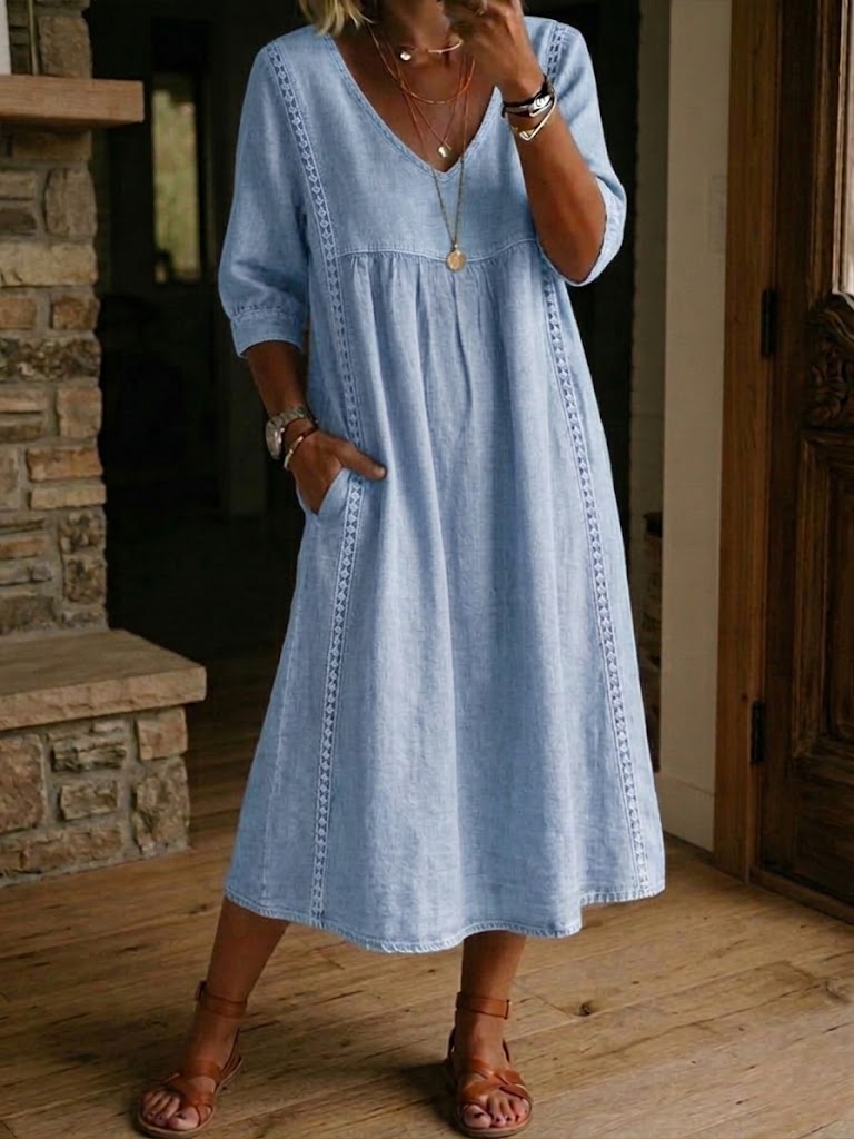 Women's V-Neck Gathered Waist Midi Dress with Eyelet Trim
