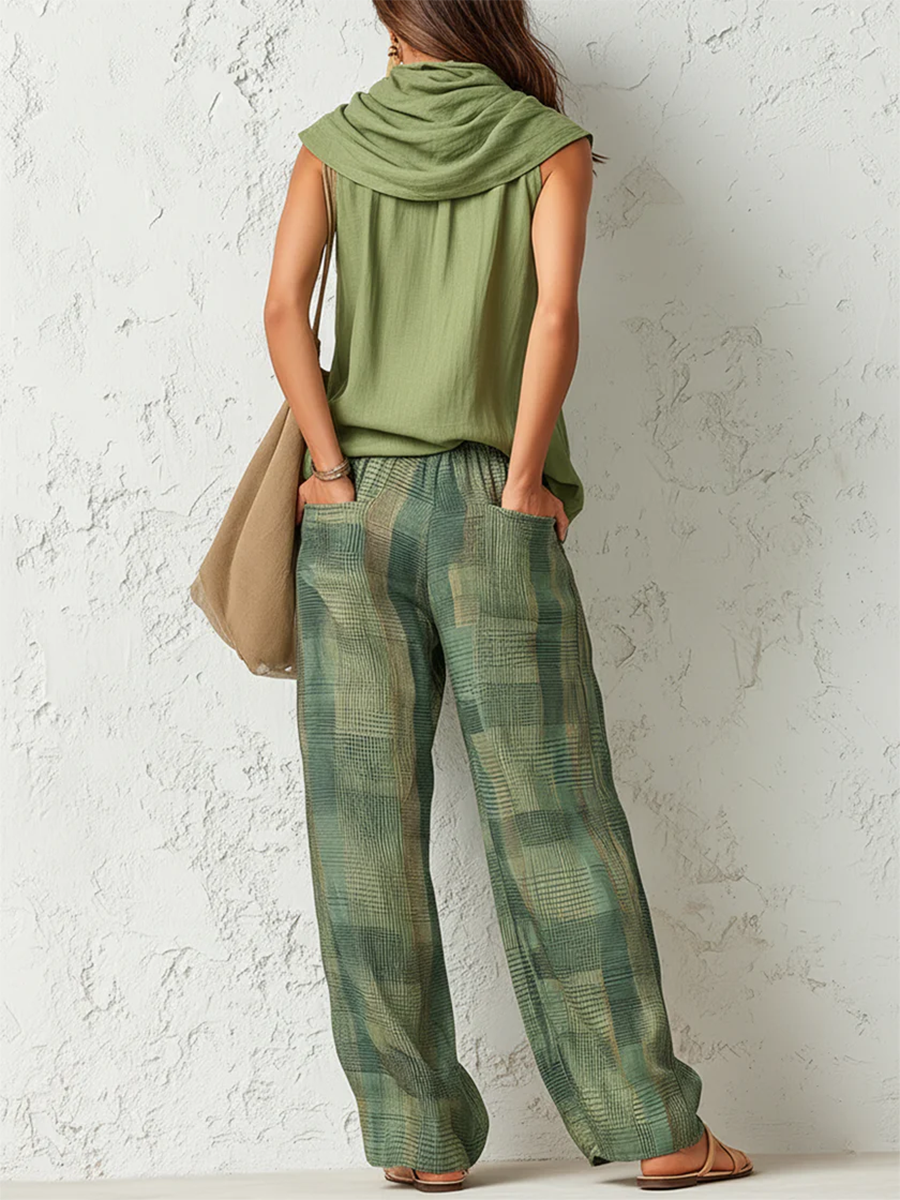 Women's Cowl Neck Sleeveless Top & Plaid Trouser Co-Ord Set
