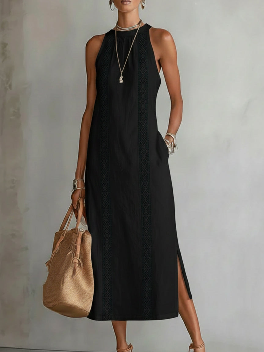 Women's Eyelet Trim Halter Neck Sleeveless Midi Dress