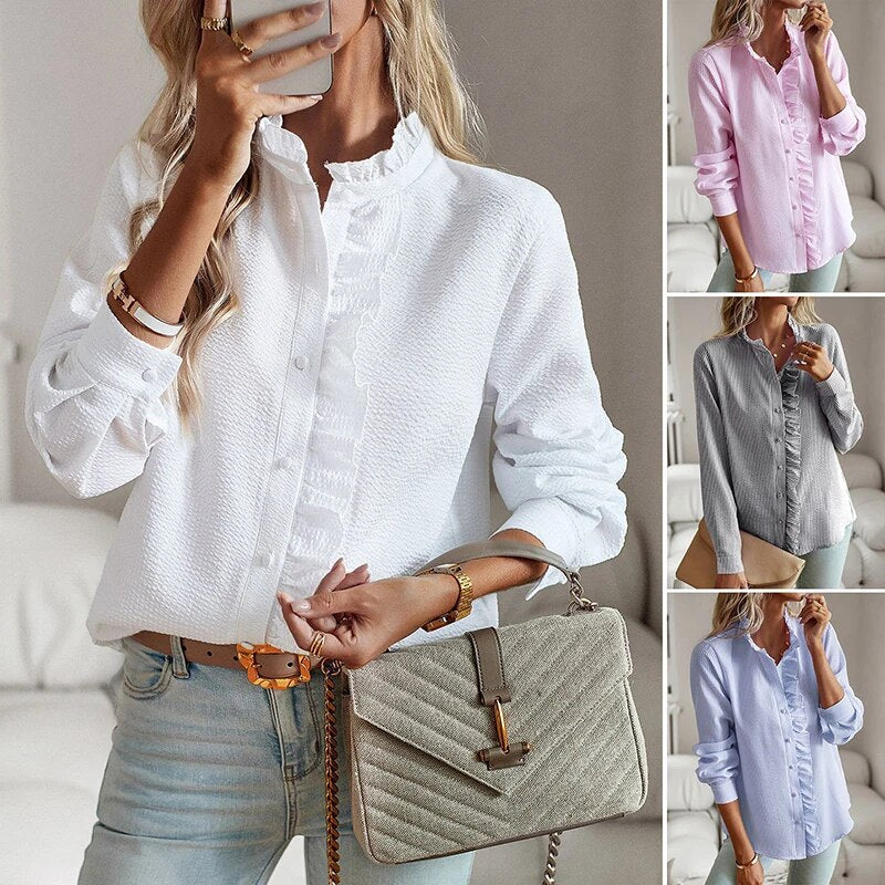 Elegant Long Sleeve Casual Ruffle Front Button Blouse