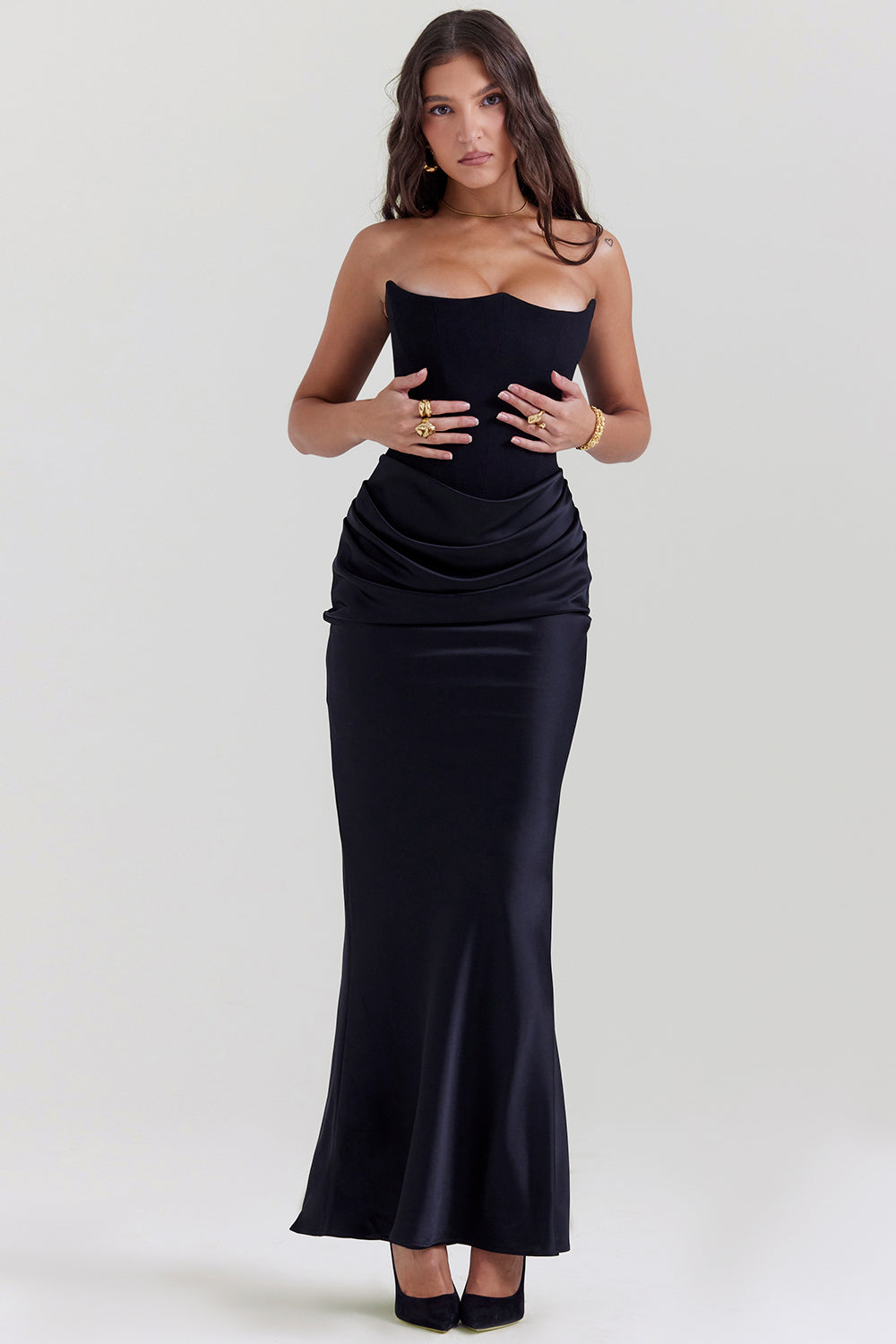 Women's Strapless Corset Maxi Dress with Structured Bodice