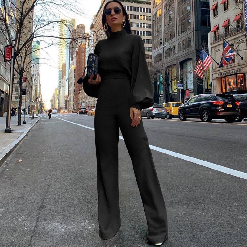 Women's High Neck Balloon Sleeve Wide-Leg Jumpsuit