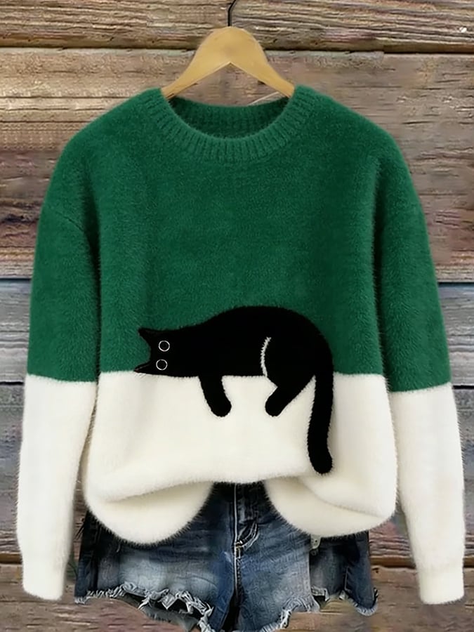 Women's Cat Print Casual Pullover Sweater